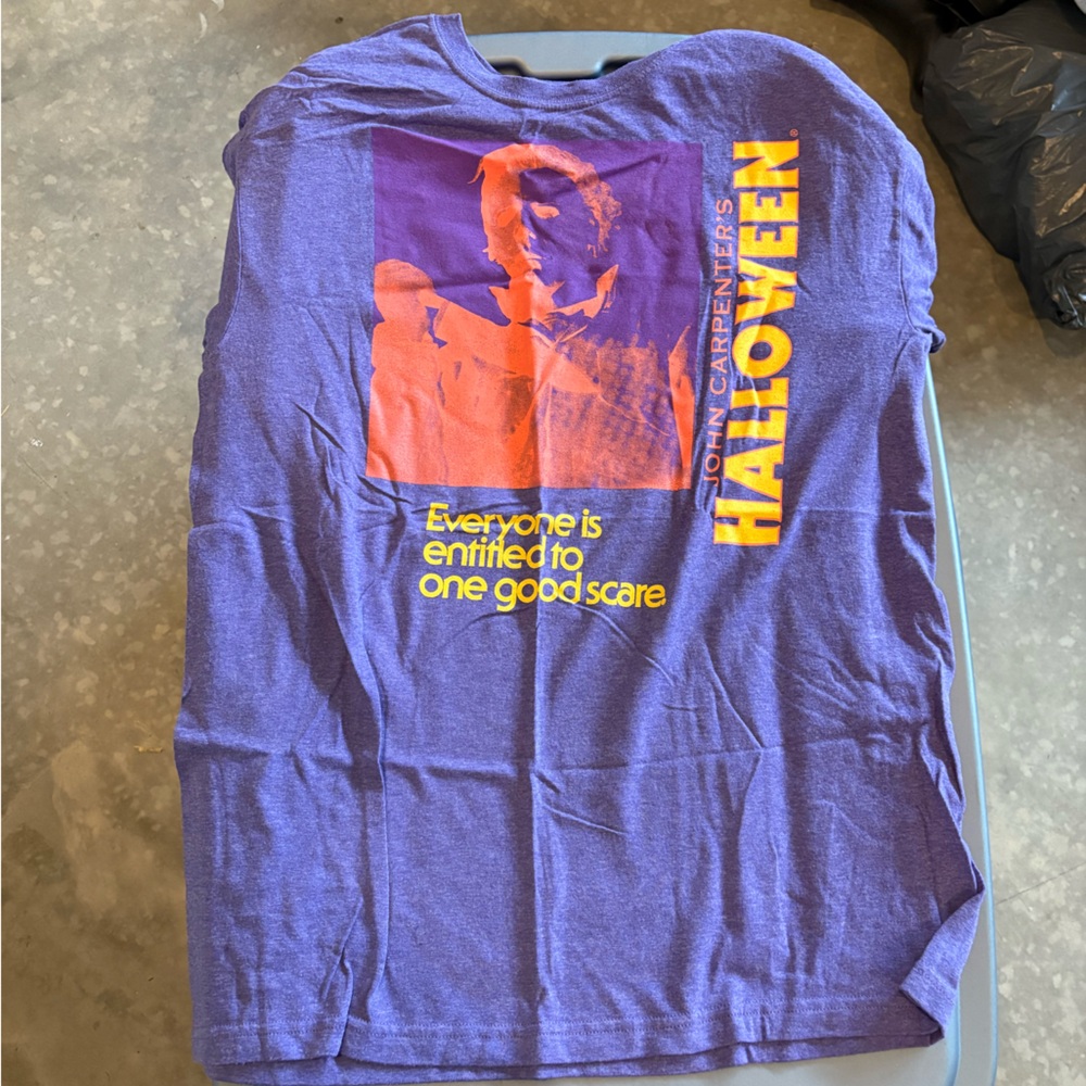 Halloween John Carpenter Graphic Tee - Purple with Orange & Yellow Print